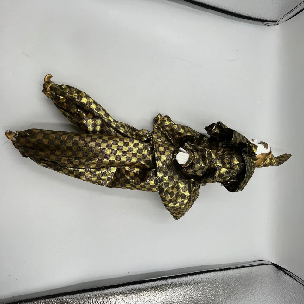 Vintage Porcelain Harlequin Clown‎ Doll Gold Black Checkered Jester 19.5 Inch